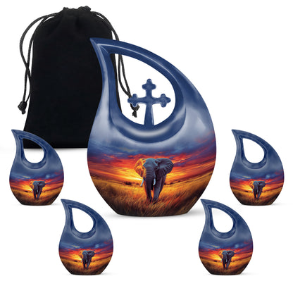 Azure Elephant Cremation Urn urn with complimentary velvet bag - sacred cross merged with elephant motif on metal - memorial set with one large and four small urns