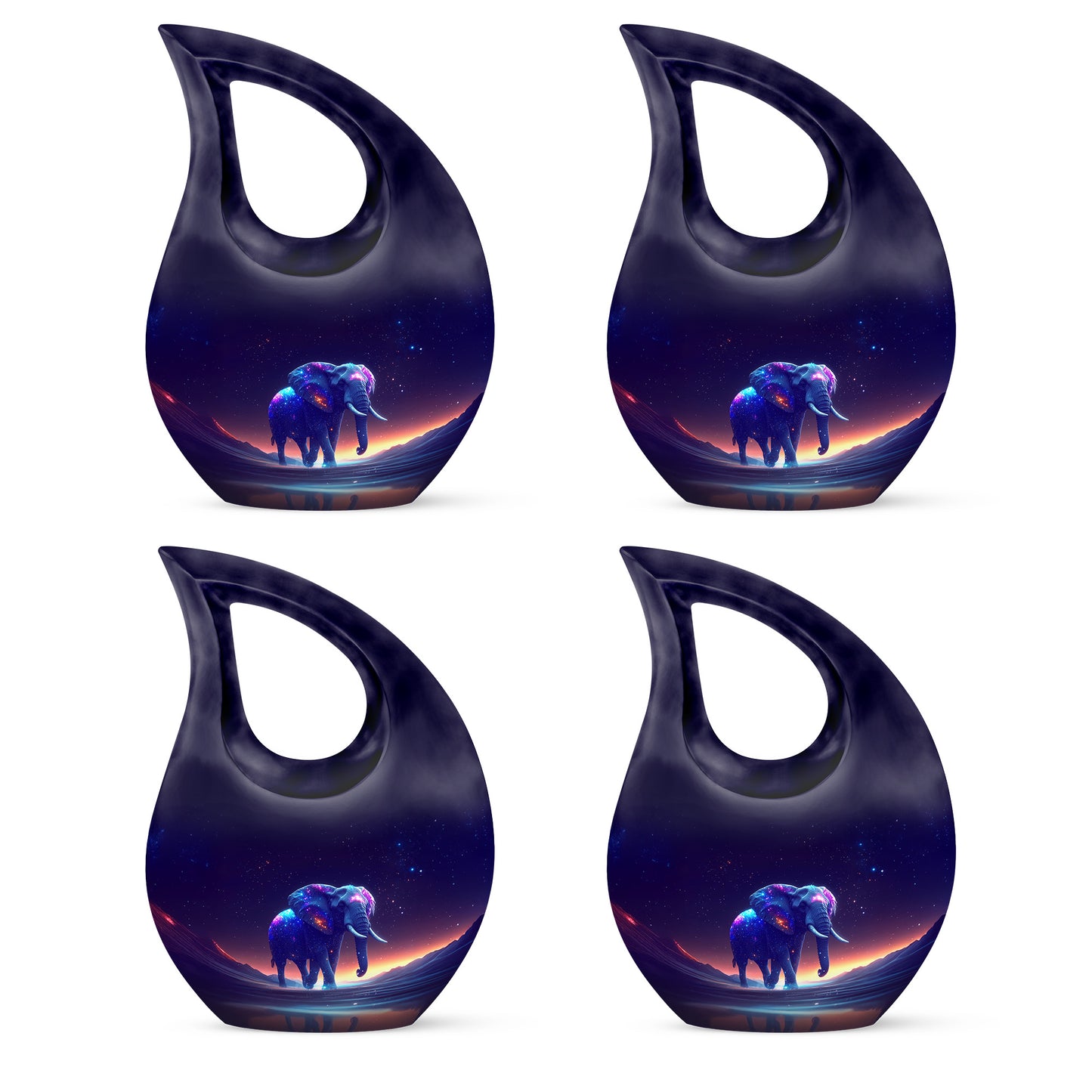 Deep Purple Elephant Cremation Urn lifestyle display on memorial shelf - sacred cross merged with elephant motif on metal - 10 inch aluminum urn for cremated remains
