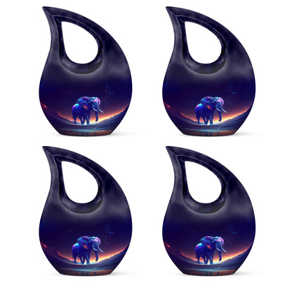 Deep Purple Elephant Cremation Urn lifestyle display on memorial shelf - sacred cross merged with elephant motif on metal - 10 inch aluminum urn for cremated remains