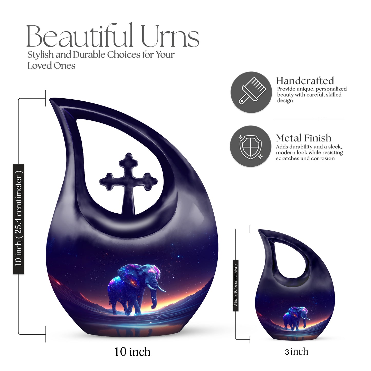 Violet Purple Elephant Cremation Urn back view with polished surface - devotional cross-drop elephant engraving - mini keepsake memorial for portion of cremation ashes