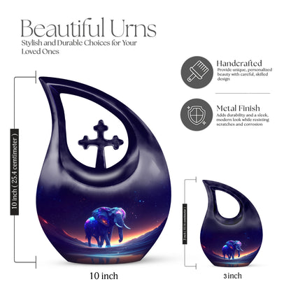 Violet Purple Elephant Cremation Urn back view with polished surface - devotional cross-drop elephant engraving - mini keepsake memorial for portion of cremation ashes
