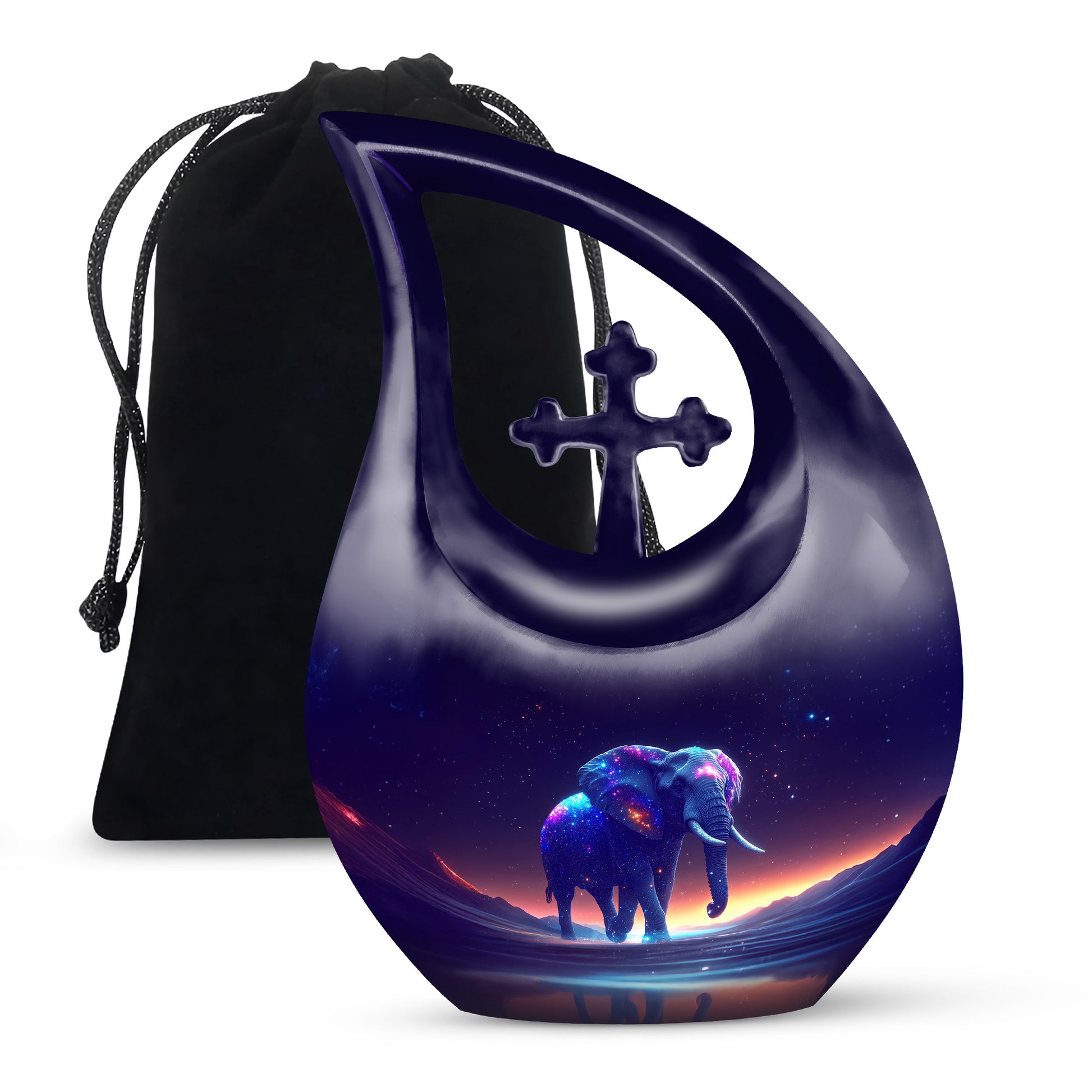 Grape Purple Elephant Cremation Urn top-down view of secure threaded lid - faith-inspired cross-drop urn with elephant pattern - full-size 10 inch 200 cubic inch adult cremation urn
