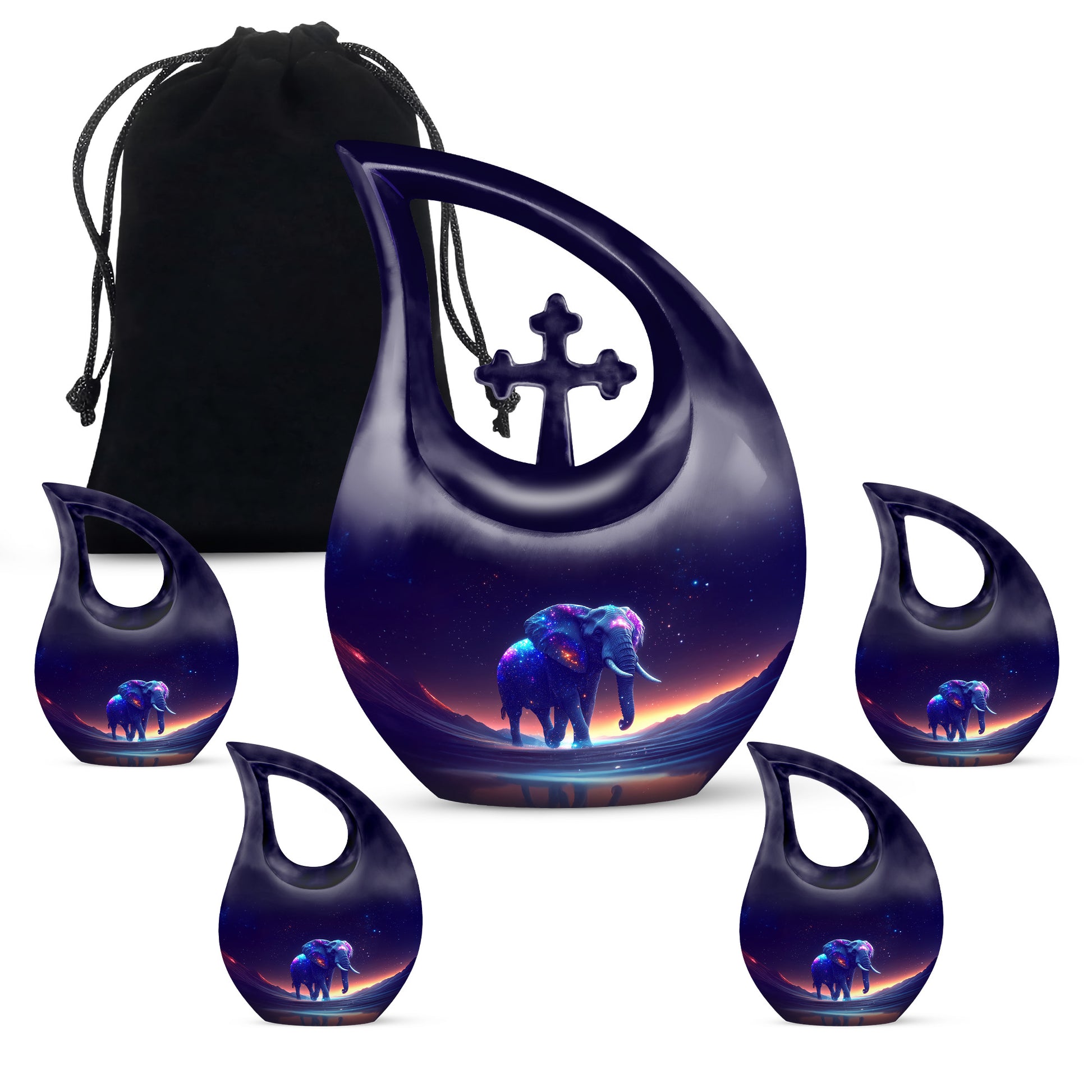 Royal Purple Elephant Cremation Urn urn with complimentary velvet bag - faith-inspired cross-drop urn with elephant pattern - memorial set with one large and four small urns