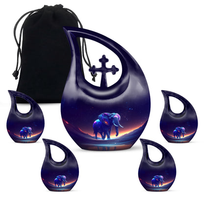 Royal Purple Elephant Cremation Urn urn with complimentary velvet bag - faith-inspired cross-drop urn with elephant pattern - memorial set with one large and four small urns