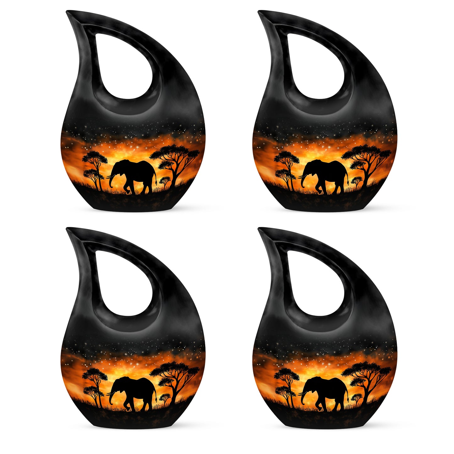 Midnight Black Elephant Cremation Urn lifestyle display on memorial shelf - faith-inspired cross-drop urn with elephant pattern - 10 inch aluminum urn for cremated remains