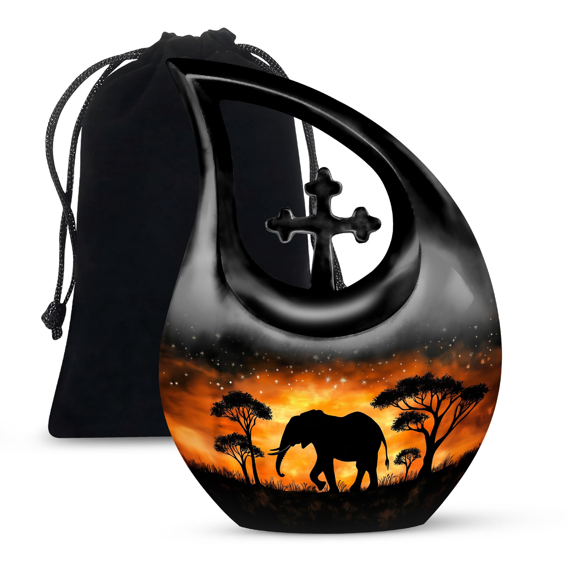 Charcoal Black Elephant Cremation Urn top-down view of secure threaded lid - faith-inspired cross-drop urn with elephant pattern - full-size 10 inch 200 cubic inch adult cremation urn