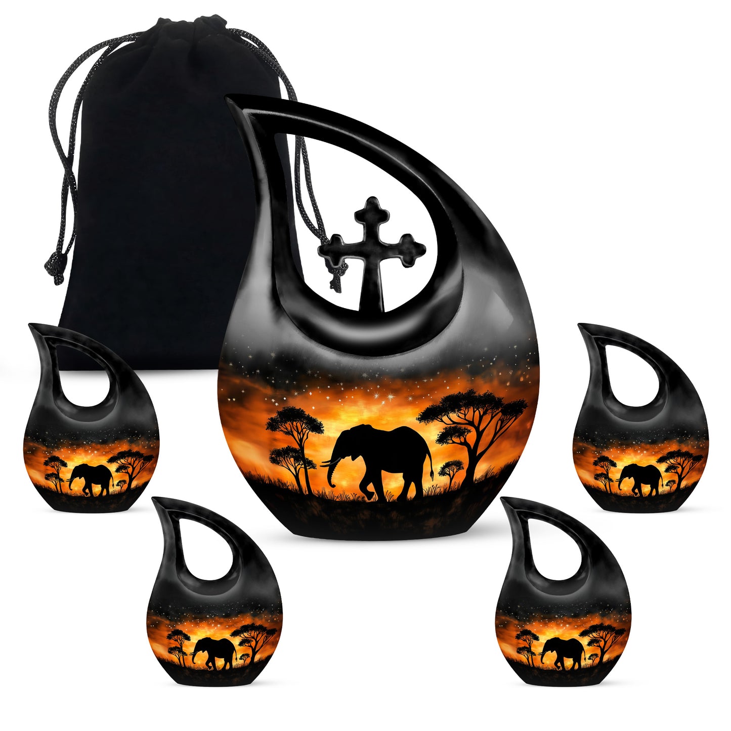 Onyx Black Elephant Cremation Urn urn with complimentary velvet bag - faith-inspired cross-drop urn with elephant pattern - memorial set with one large and four small urns