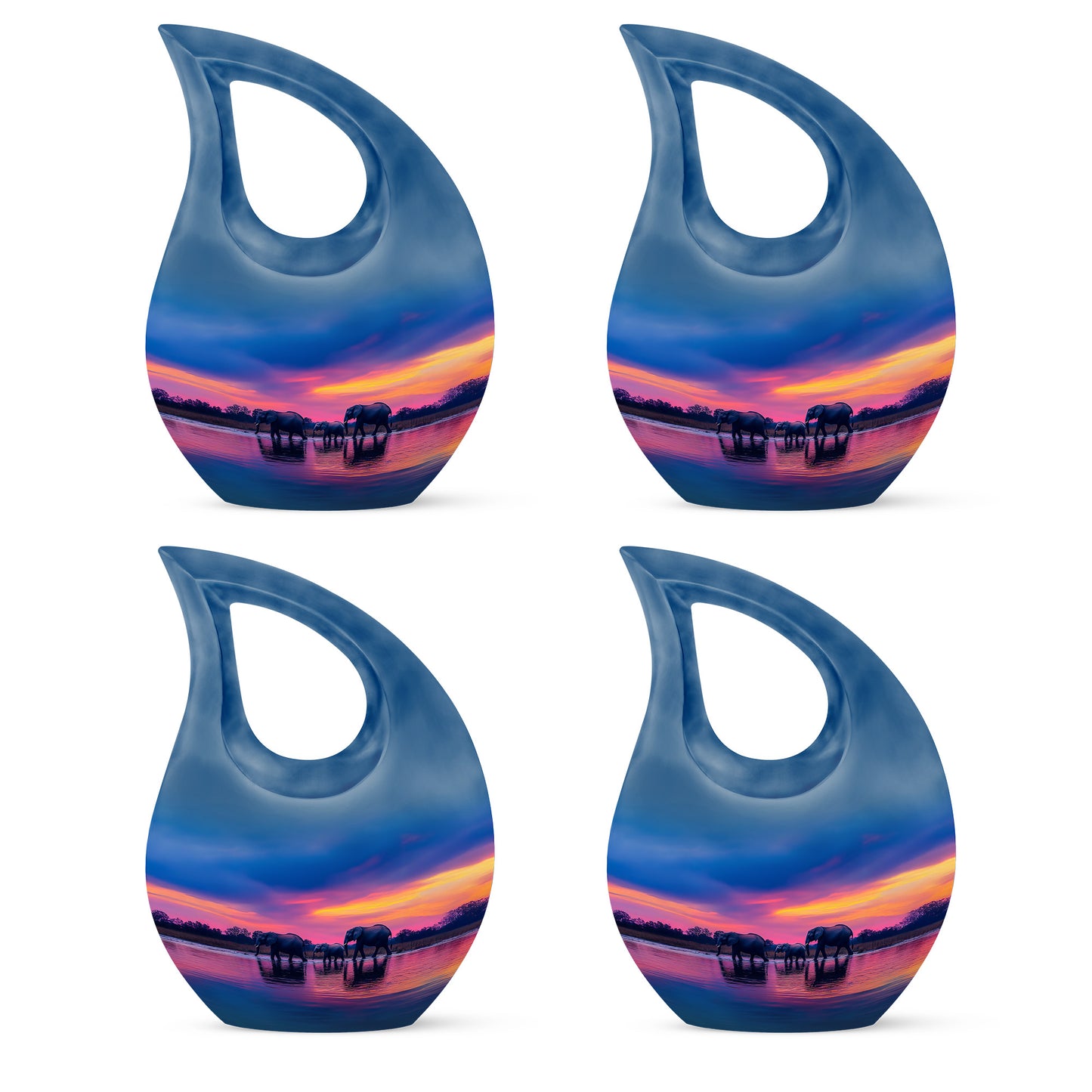 Bright Blue Elephant Cremation Urn lifestyle display on memorial shelf - faith-inspired cross-drop urn with elephant pattern - 10 inch aluminum urn for cremated remains