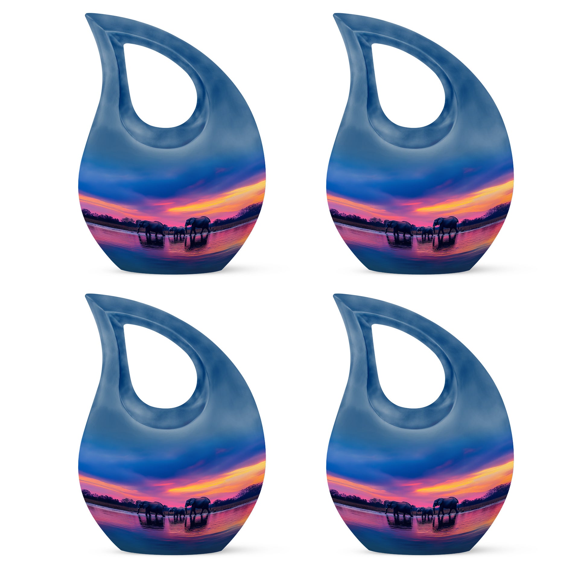 Bright Blue Elephant Cremation Urn lifestyle display on memorial shelf - faith-inspired cross-drop urn with elephant pattern - 10 inch aluminum urn for cremated remains