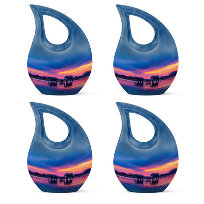 Bright Blue Elephant Cremation Urn lifestyle display on memorial shelf - faith-inspired cross-drop urn with elephant pattern - 10 inch aluminum urn for cremated remains