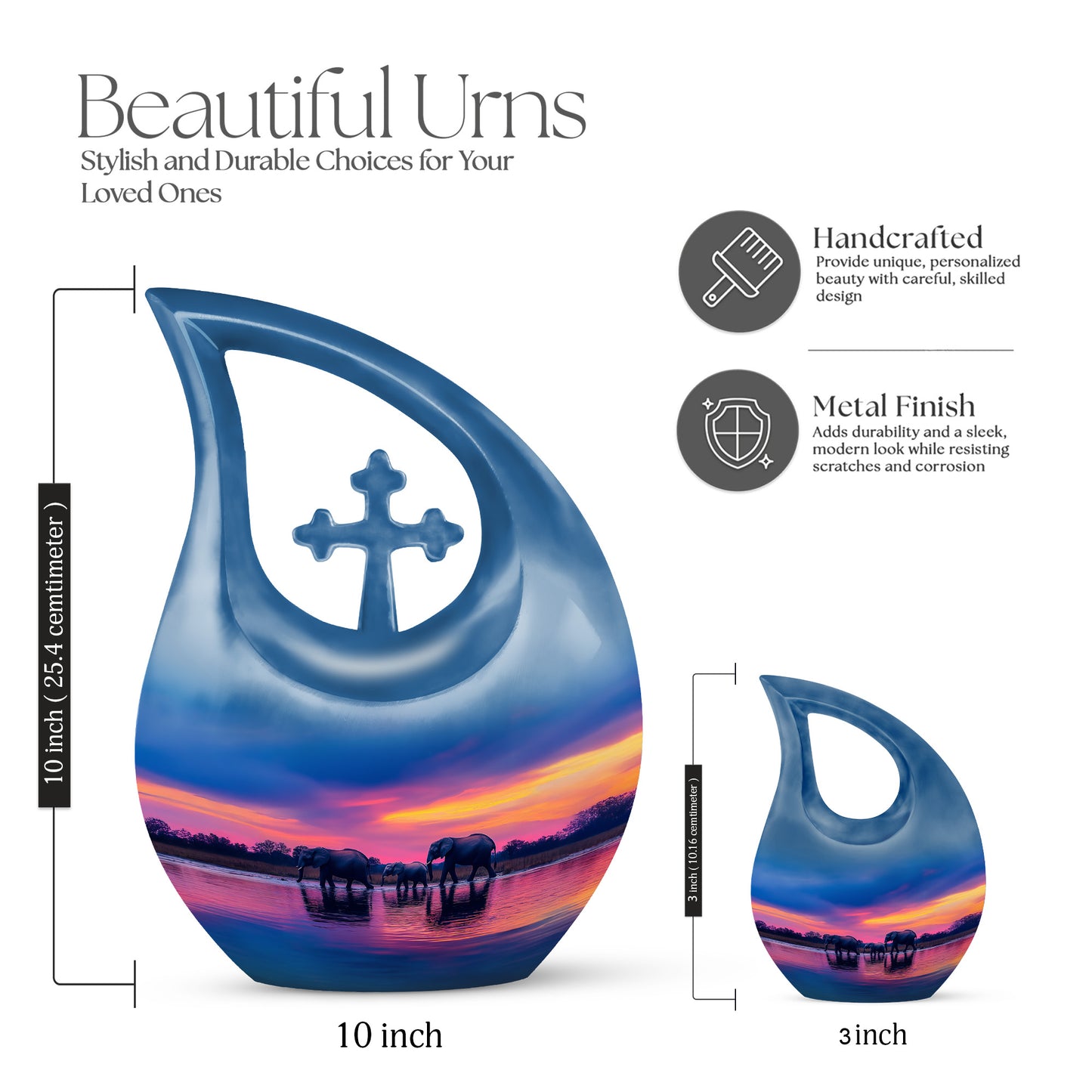 Azure Elephant Cremation Urn back view with polished surface - sacred cross merged with elephant motif on metal - mini keepsake memorial for portion of cremation ashes
