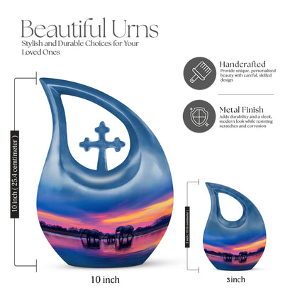 Azure Elephant Cremation Urn back view with polished surface - sacred cross merged with elephant motif on metal - mini keepsake memorial for portion of cremation ashes