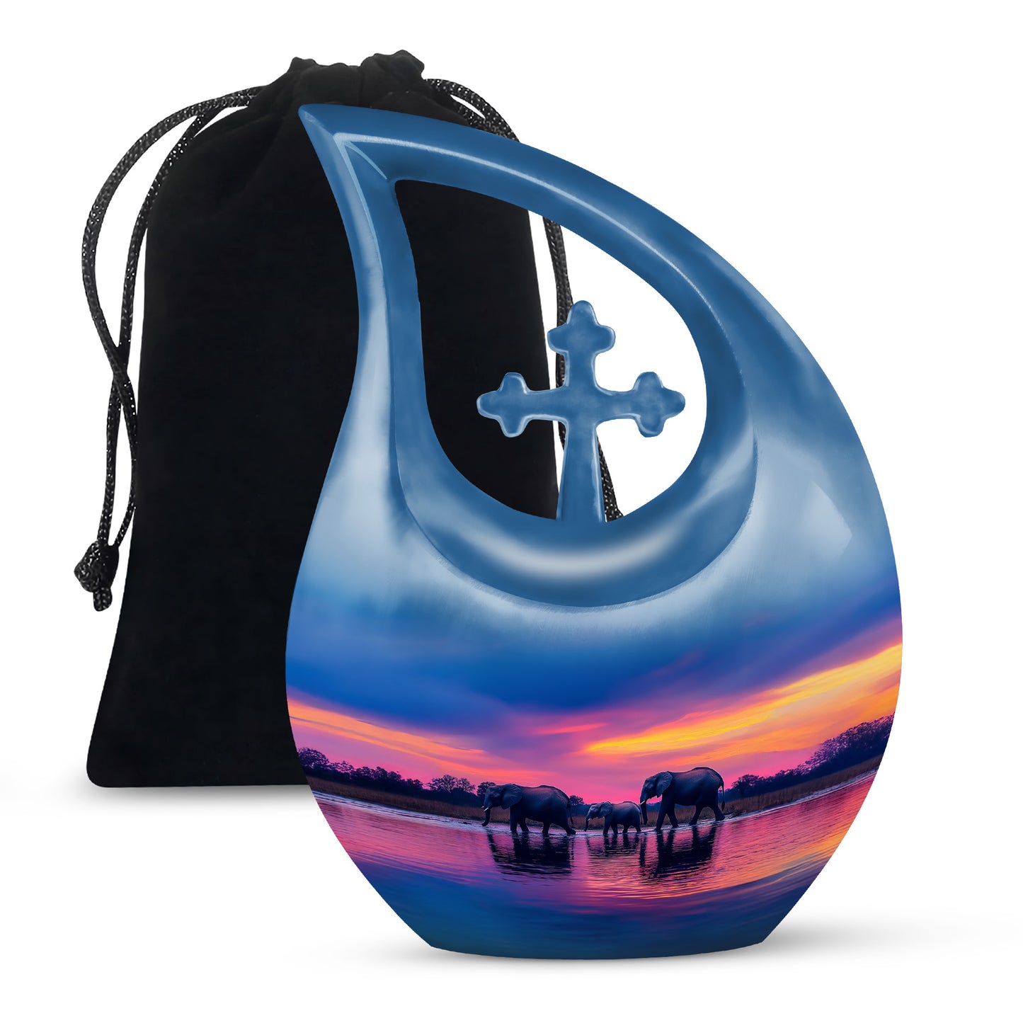 Misty Blue Elephant Cremation Urn top-down view of secure threaded lid - cross and elephant combined in spiritual memorial design - full-size 10 inch 200 cubic inch adult cremation urn