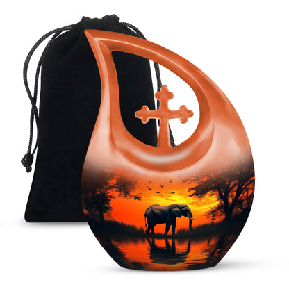 Amber Gold Elephant Cremation Urn top-down view of secure threaded lid - sacred cross merged with elephant motif on metal - full-size 10 inch 200 cubic inch adult cremation urn