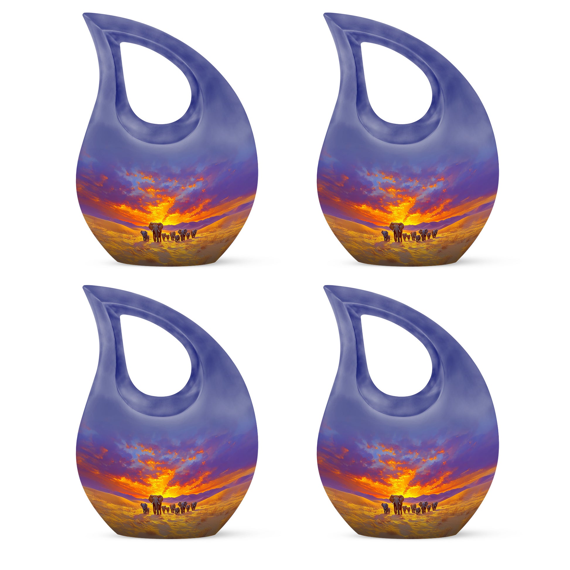 Steel Blue Elephant Cremation Urn lifestyle display on memorial shelf - faith-inspired cross-drop urn with elephant pattern - 10 inch aluminum urn for cremated remains