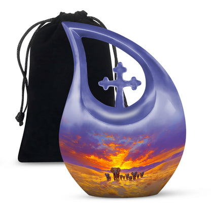 Misty Blue Elephant Cremation Urn top-down view of secure threaded lid - sacred cross merged with elephant motif on metal - full-size 10 inch 200 cubic inch adult cremation urn