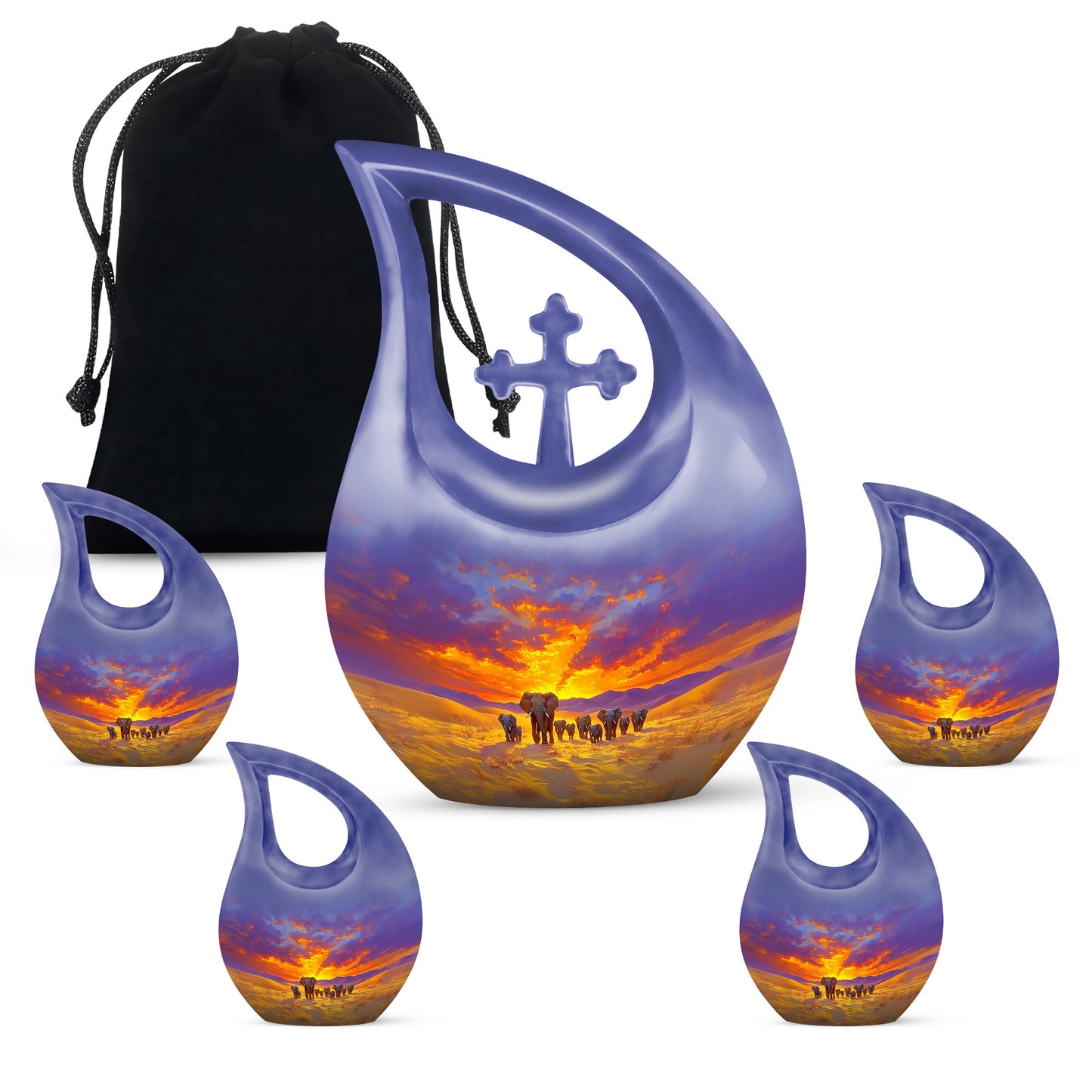 Steel Blue Elephant Cremation Urn urn with complimentary velvet bag - devotional cross-drop elephant engraving - memorial set with one large and four small urns