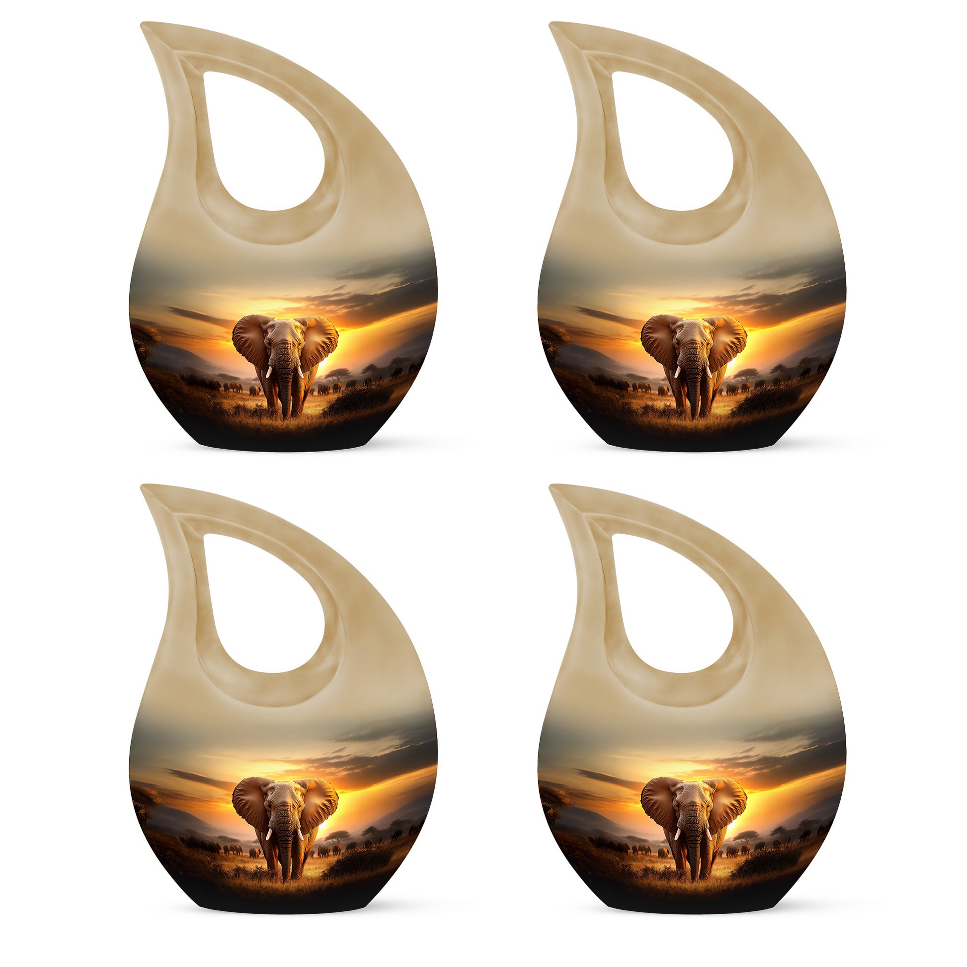 Sunrise Gold Elephant Cremation Urn lifestyle display on memorial shelf - cross and elephant combined in spiritual memorial design - 10 inch aluminum urn for cremated remains