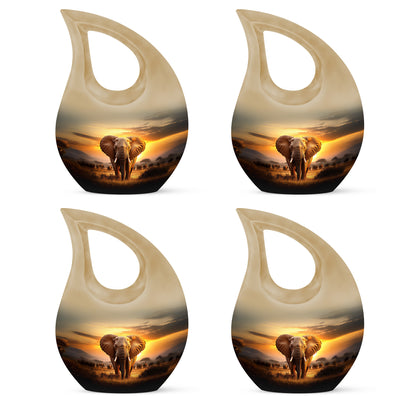 Sunrise Gold Elephant Cremation Urn lifestyle display on memorial shelf - cross and elephant combined in spiritual memorial design - 10 inch aluminum urn for cremated remains
