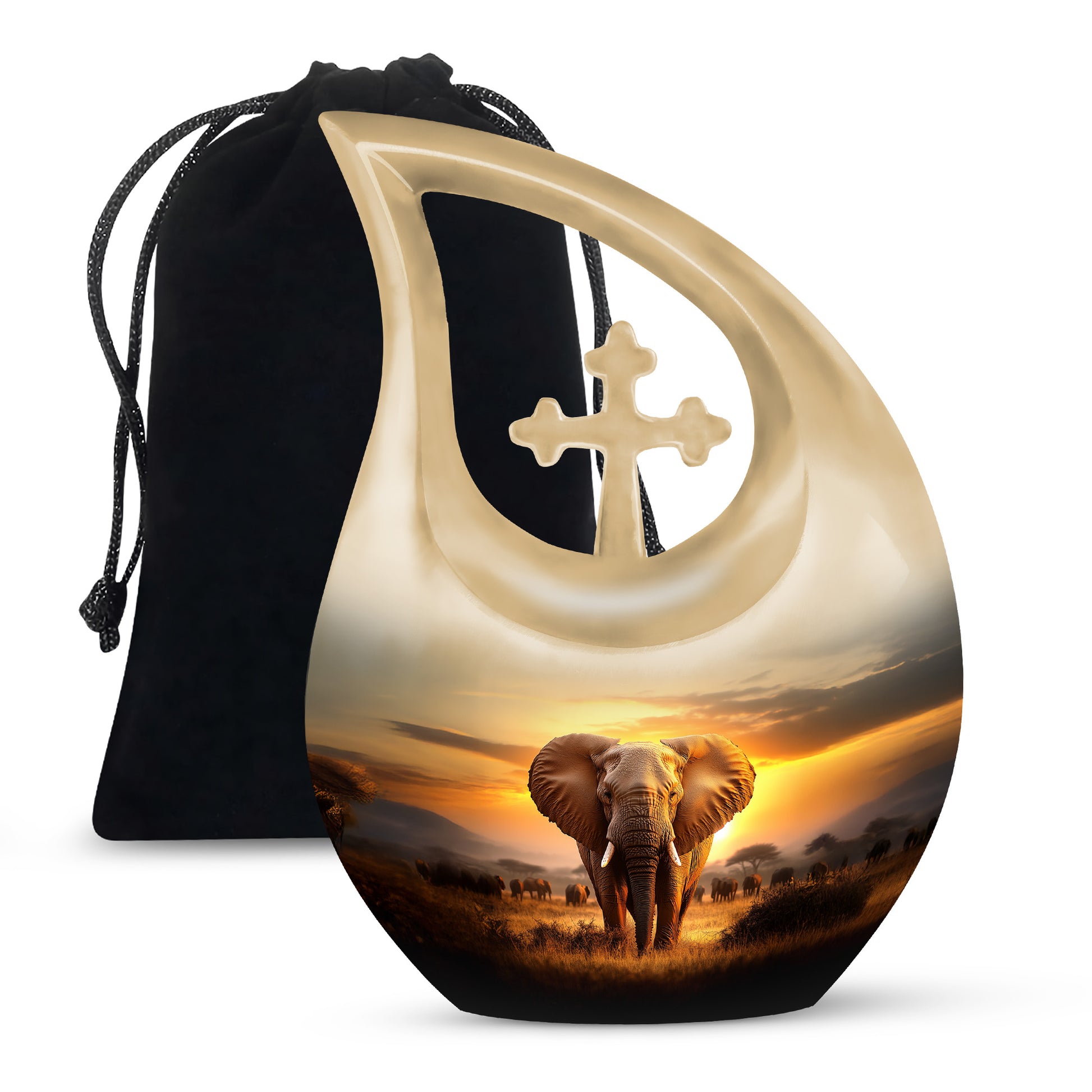 Amber Gold Elephant Cremation Urn top-down view of secure threaded lid - cross and elephant combined in spiritual memorial design - full-size 10 inch 200 cubic inch adult cremation urn
