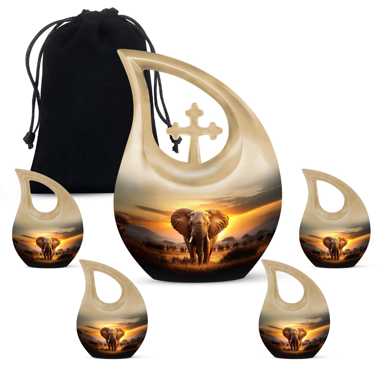 Royal Gold Elephant Cremation Urn urn with complimentary velvet bag - devotional cross-drop elephant engraving - memorial set with one large and four small urns
