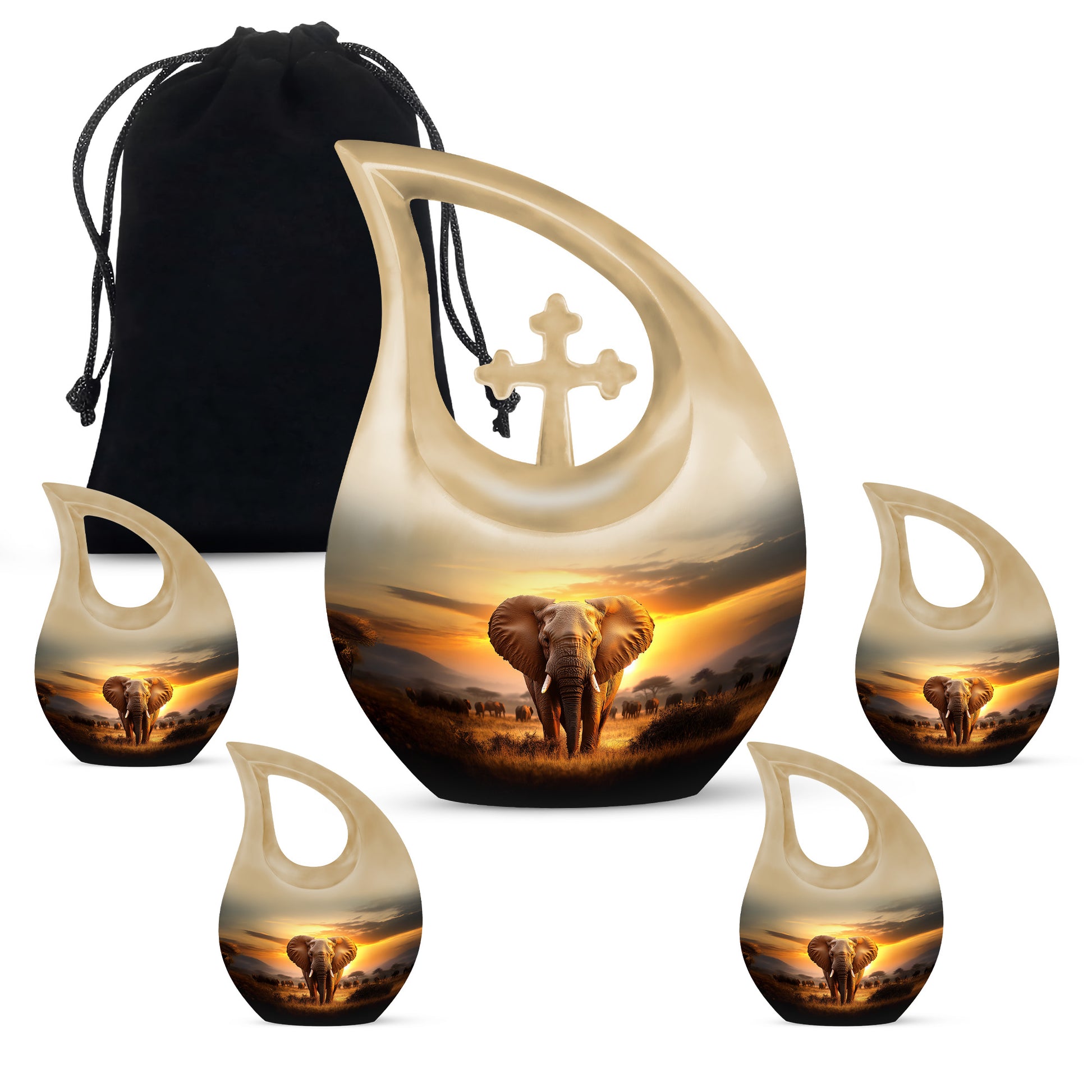 Royal Gold Elephant Cremation Urn urn with complimentary velvet bag - devotional cross-drop elephant engraving - memorial set with one large and four small urns