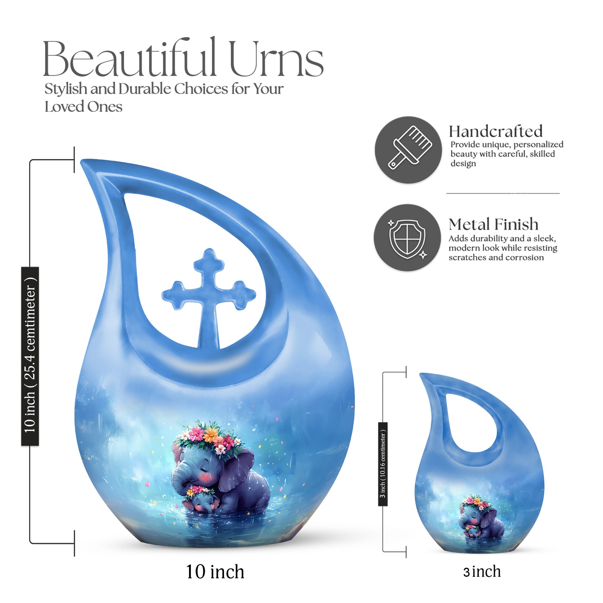 Soft Blue Elephant Cremation Urn back view with polished surface - devotional cross-drop elephant engraving - mini keepsake memorial for portion of cremation ashes
