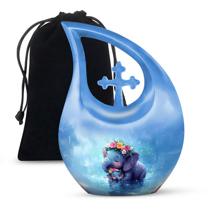 Celestial Blue Elephant Cremation Urn top-down view of secure threaded lid - sacred cross merged with elephant motif on metal - full-size 10 inch 200 cubic inch adult cremation urn