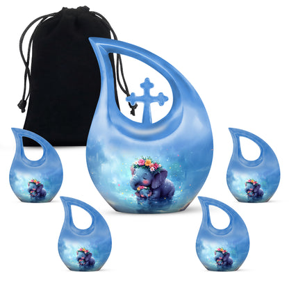Serene Blue Elephant Cremation Urn urn with complimentary velvet bag - devotional cross-drop elephant engraving - memorial set with one large and four small urns