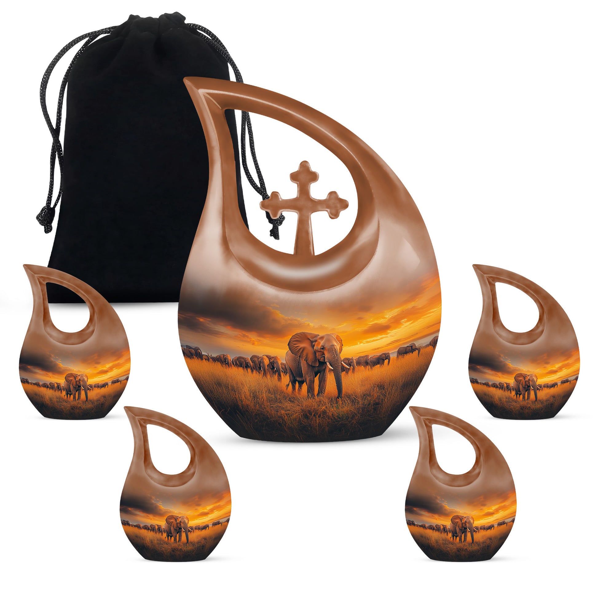 Sapphire Blue Elephant Cremation Urn urn with complimentary velvet bag - devotional cross-drop elephant engraving - memorial set with one large and four small urns