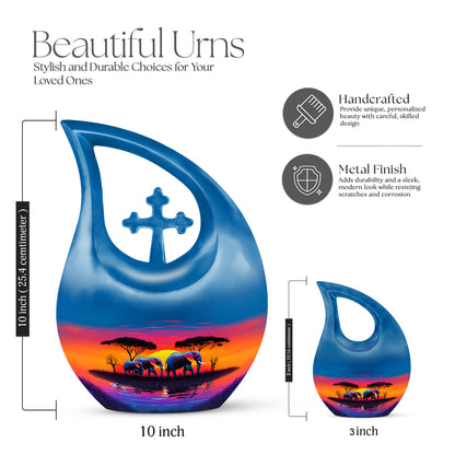 Soft Blue Elephant Cremation Urn back view with polished surface - faith-inspired cross-drop urn with elephant pattern - mini keepsake memorial for portion of cremation ashes
