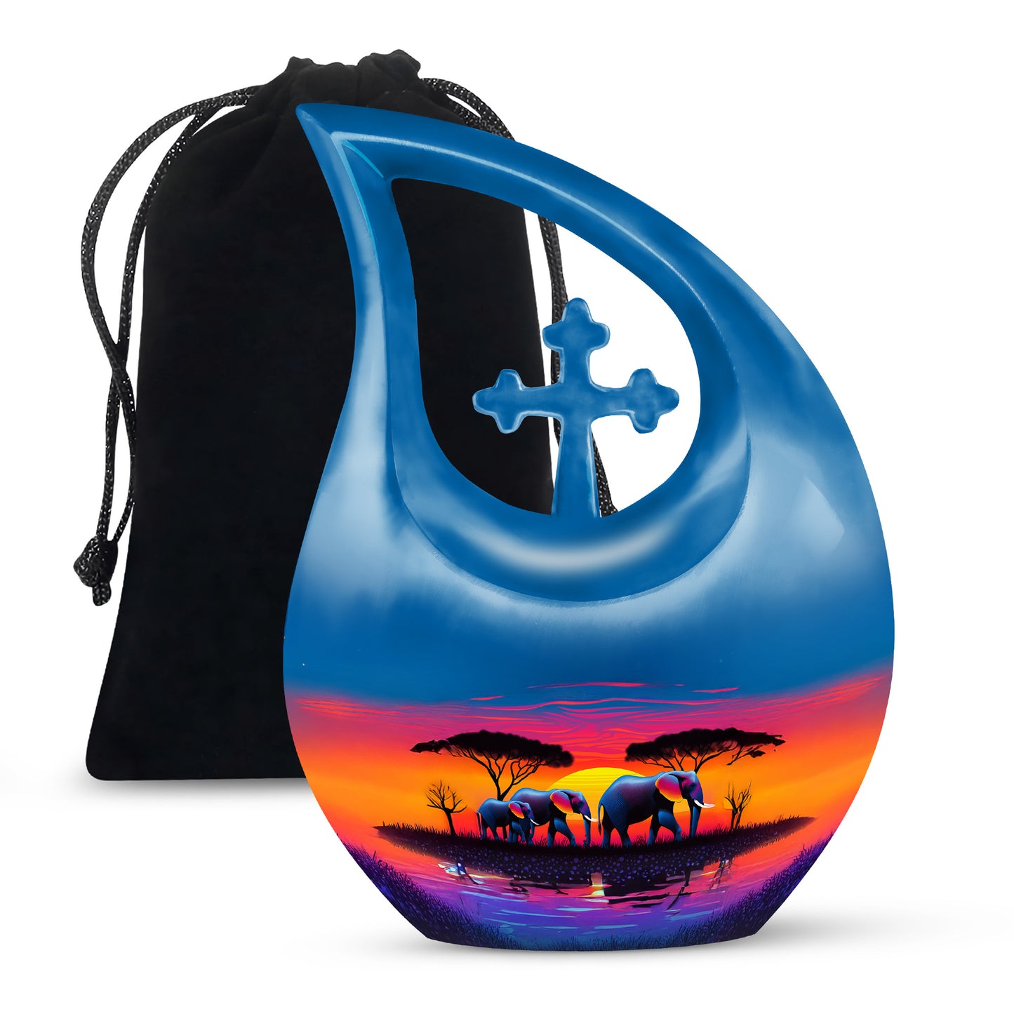 Celestial Blue Elephant Cremation Urn top-down view of secure threaded lid - sacred cross merged with elephant motif on metal - full-size 10 inch 200 cubic inch adult cremation urn