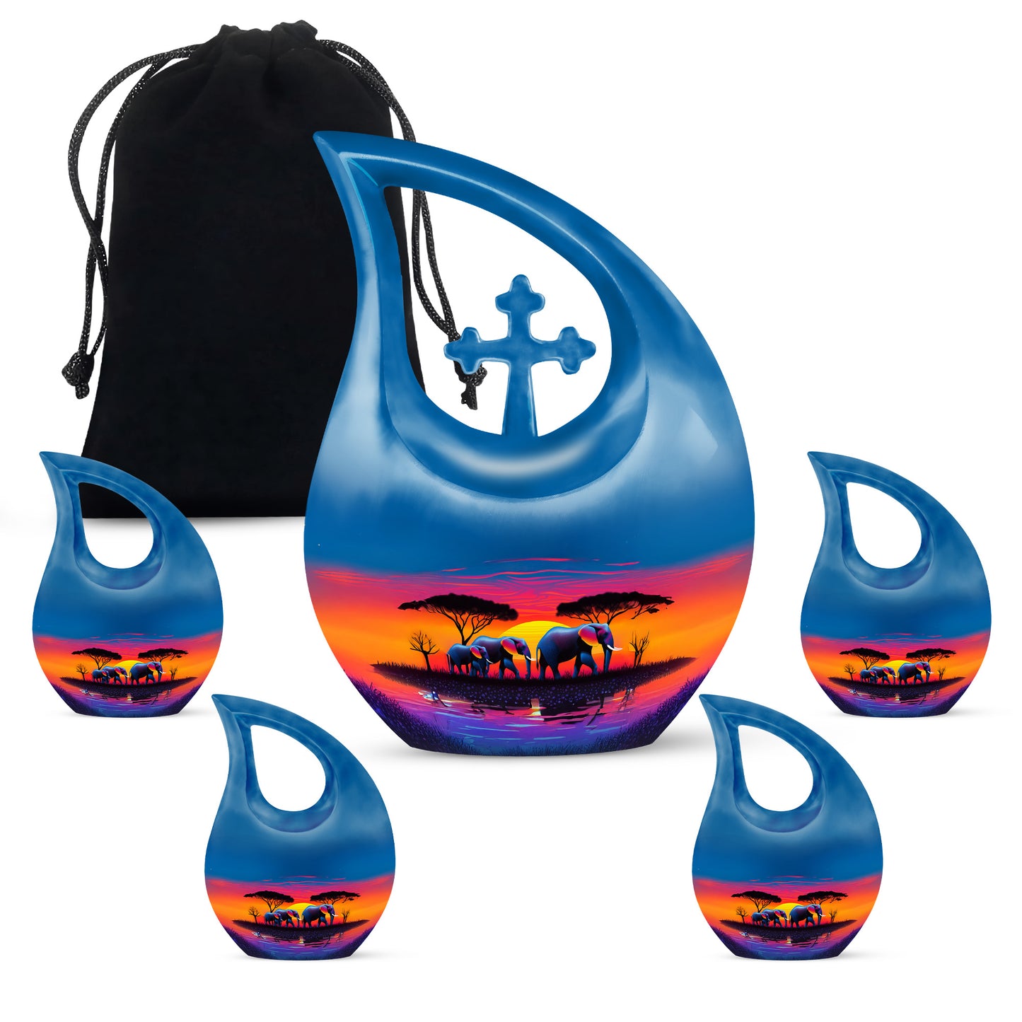 Twilight Blue Elephant Cremation Urn urn with complimentary velvet bag - devotional cross-drop elephant engraving - memorial set with one large and four small urns