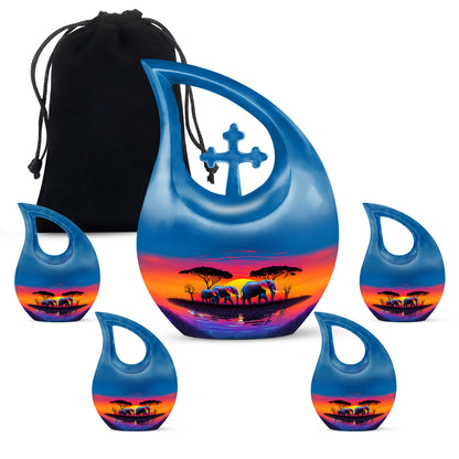 Twilight Blue Elephant Cremation Urn urn with complimentary velvet bag - devotional cross-drop elephant engraving - memorial set with one large and four small urns
