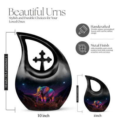Deep Black Elephant Cremation Urn back view with polished surface - cross and elephant combined in spiritual memorial design - mini keepsake memorial for portion of cremation ashes