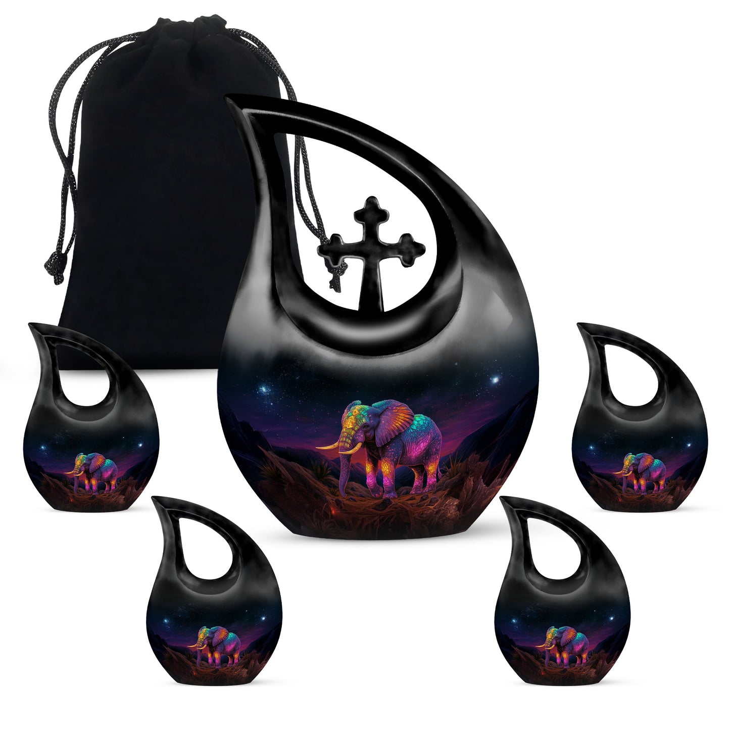 Obsidian Black Elephant Cremation Urn urn with complimentary velvet bag - faith-inspired cross-drop urn with elephant pattern - memorial set with one large and four small urns
