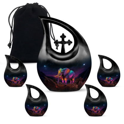 Obsidian Black Elephant Cremation Urn urn with complimentary velvet bag - faith-inspired cross-drop urn with elephant pattern - memorial set with one large and four small urns