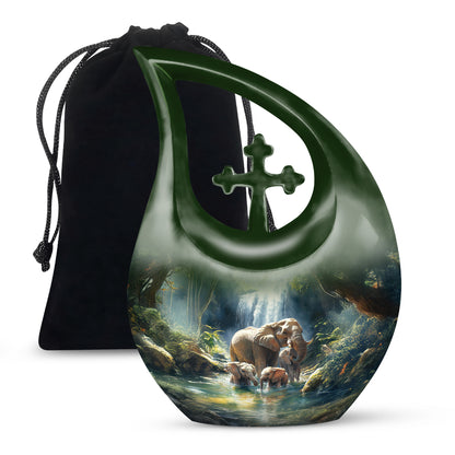 Royal Blue Elephant Cremation Urn top-down view of secure threaded lid - faith-inspired cross-drop urn with elephant pattern - full-size 10 inch 200 cubic inch adult cremation urn