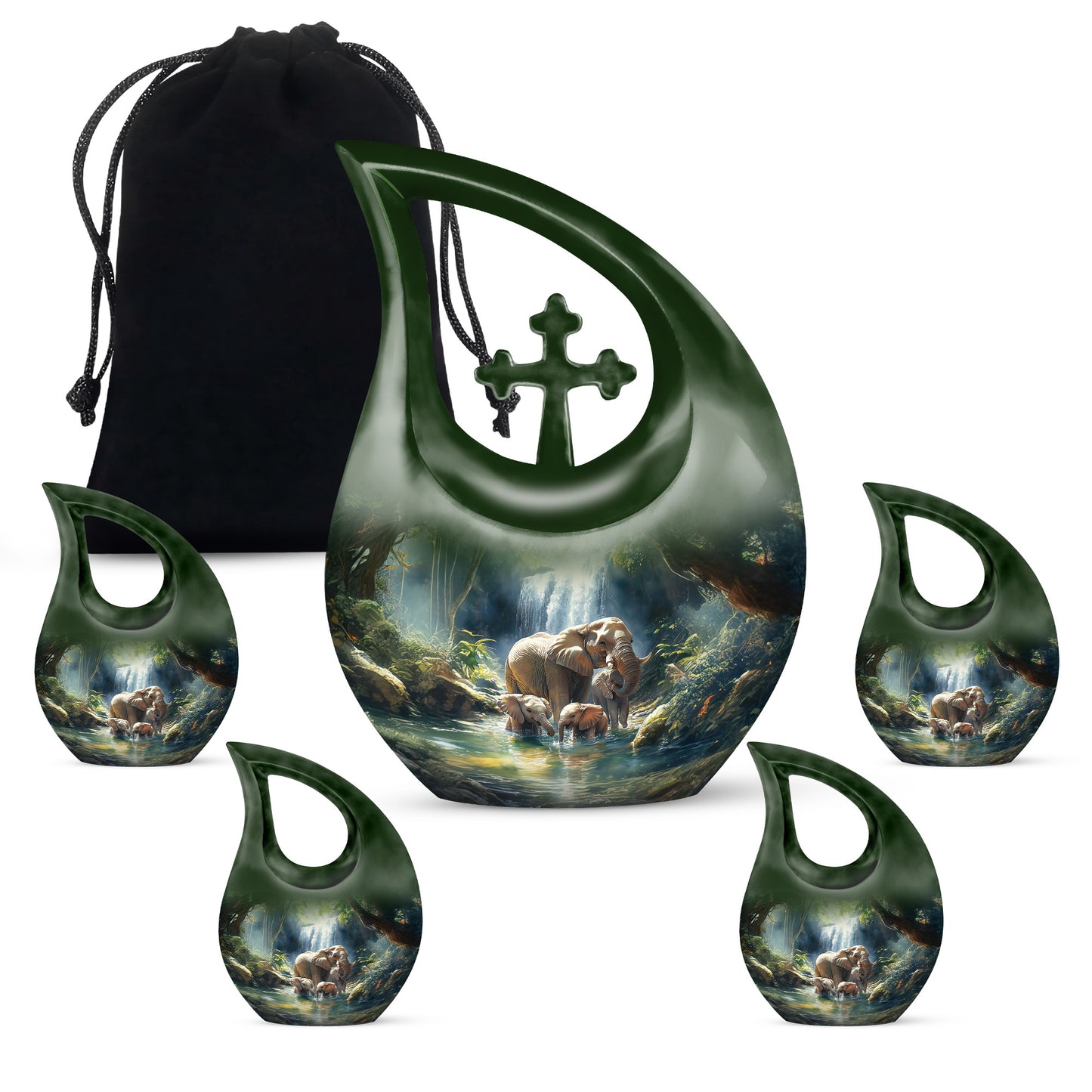Azure Elephant Cremation Urn urn with complimentary velvet bag - cross and elephant combined in spiritual memorial design - memorial set with one large and four small urns