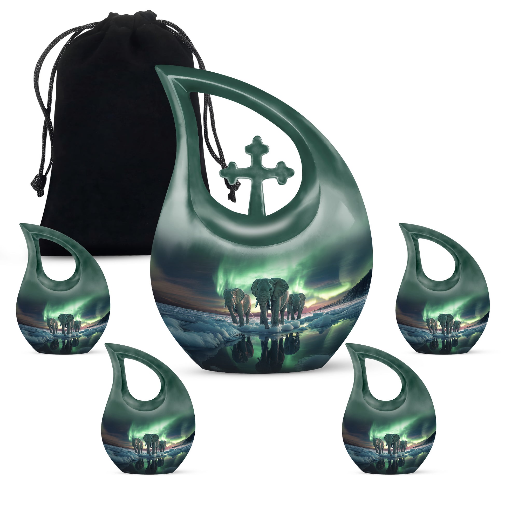 Soft Blue Elephant Cremation Urn urn with complimentary velvet bag - faith-inspired cross-drop urn with elephant pattern - memorial set with one large and four small urns