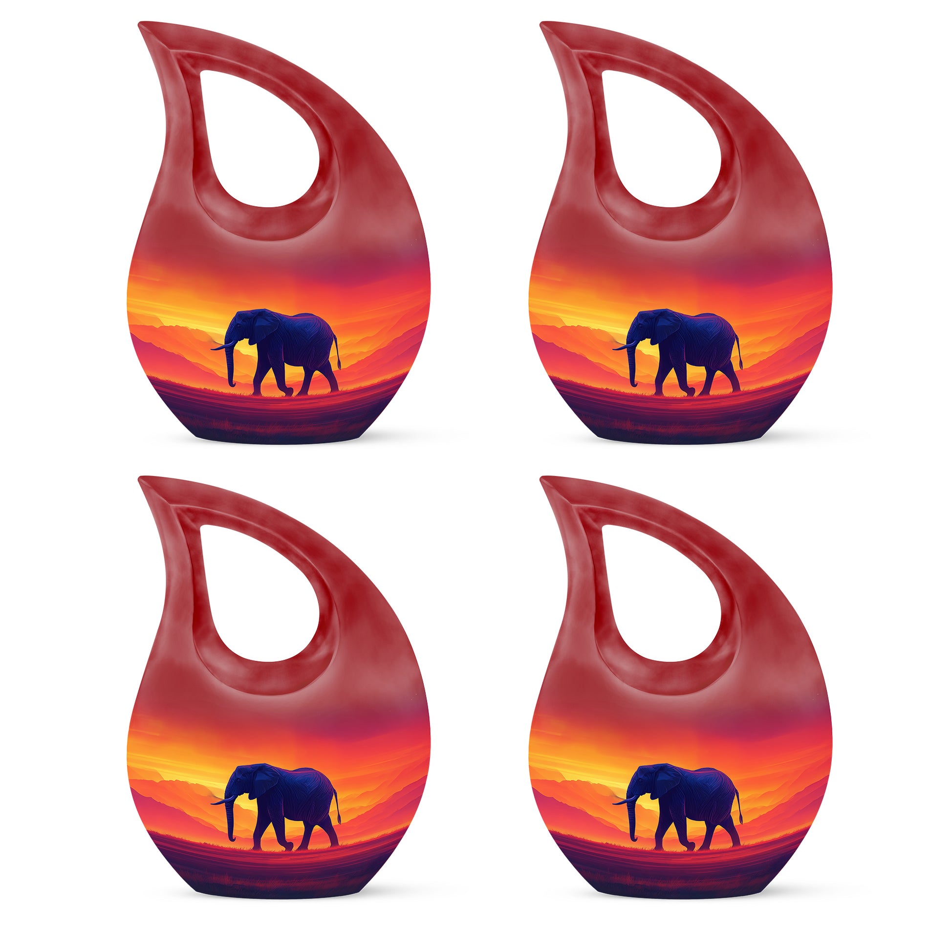 Scarlet Red Elephant Cremation Urn lifestyle display on memorial shelf - devotional cross-drop elephant engraving - 10 inch aluminum urn for cremated remains