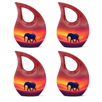 Scarlet Red Elephant Cremation Urn lifestyle display on memorial shelf - devotional cross-drop elephant engraving - 10 inch aluminum urn for cremated remains