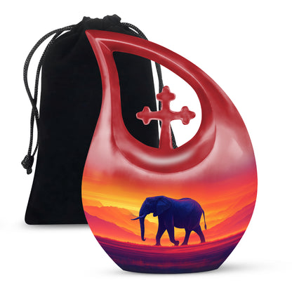 Garnet Red Elephant Cremation Urn top-down view of secure threaded lid - sacred cross merged with elephant motif on metal - full-size 10 inch 200 cubic inch adult cremation urn