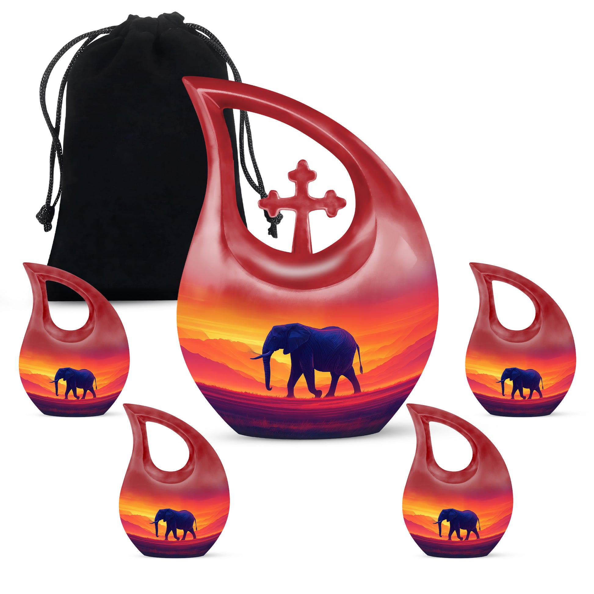 Deep Red Elephant Cremation Urn urn with complimentary velvet bag - cross and elephant combined in spiritual memorial design - memorial set with one large and four small urns