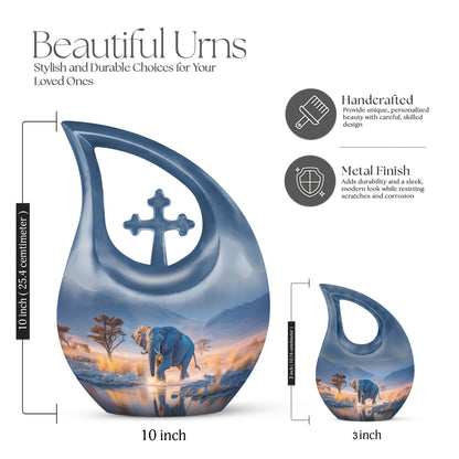 Sapphire Blue Elephant Cremation Urn back view with polished surface - faith-inspired cross-drop urn with elephant pattern - mini keepsake memorial for portion of cremation ashes