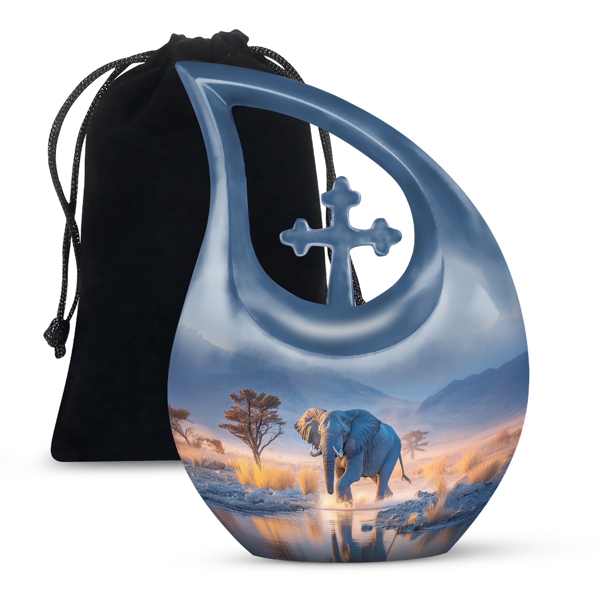 Calming Blue Elephant Cremation Urn top-down view of secure threaded lid - faith-inspired cross-drop urn with elephant pattern - full-size 10 inch 200 cubic inch adult cremation urn
