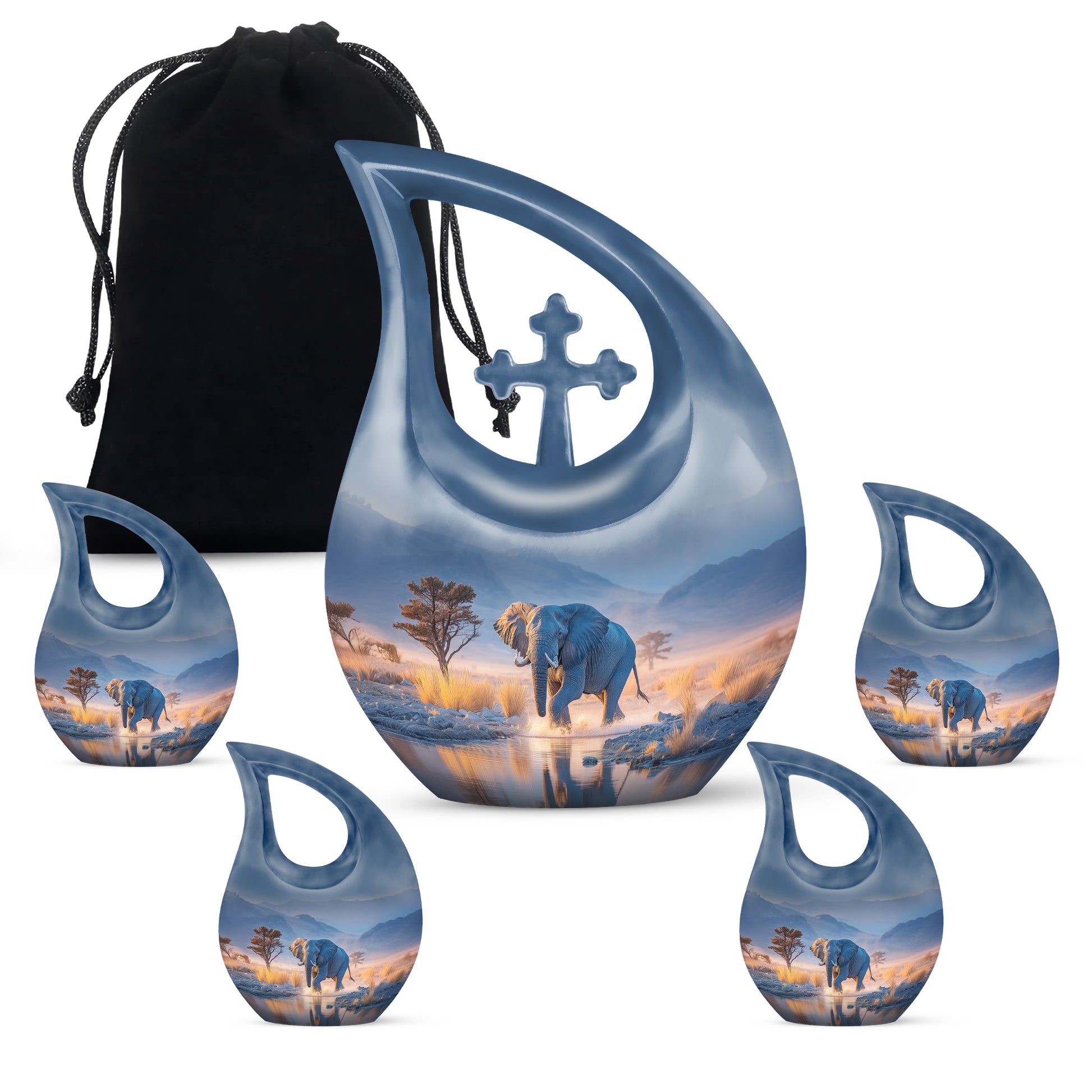 Misty Blue Elephant Cremation Urn urn with complimentary velvet bag - sacred cross merged with elephant motif on metal - memorial set with one large and four small urns
