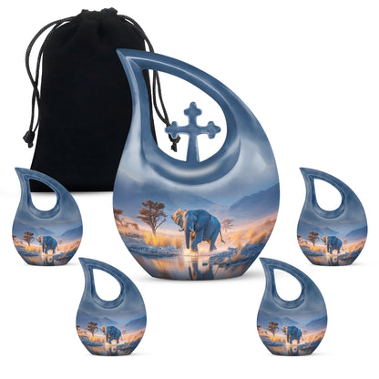 Misty Blue Elephant Cremation Urn urn with complimentary velvet bag - sacred cross merged with elephant motif on metal - memorial set with one large and four small urns