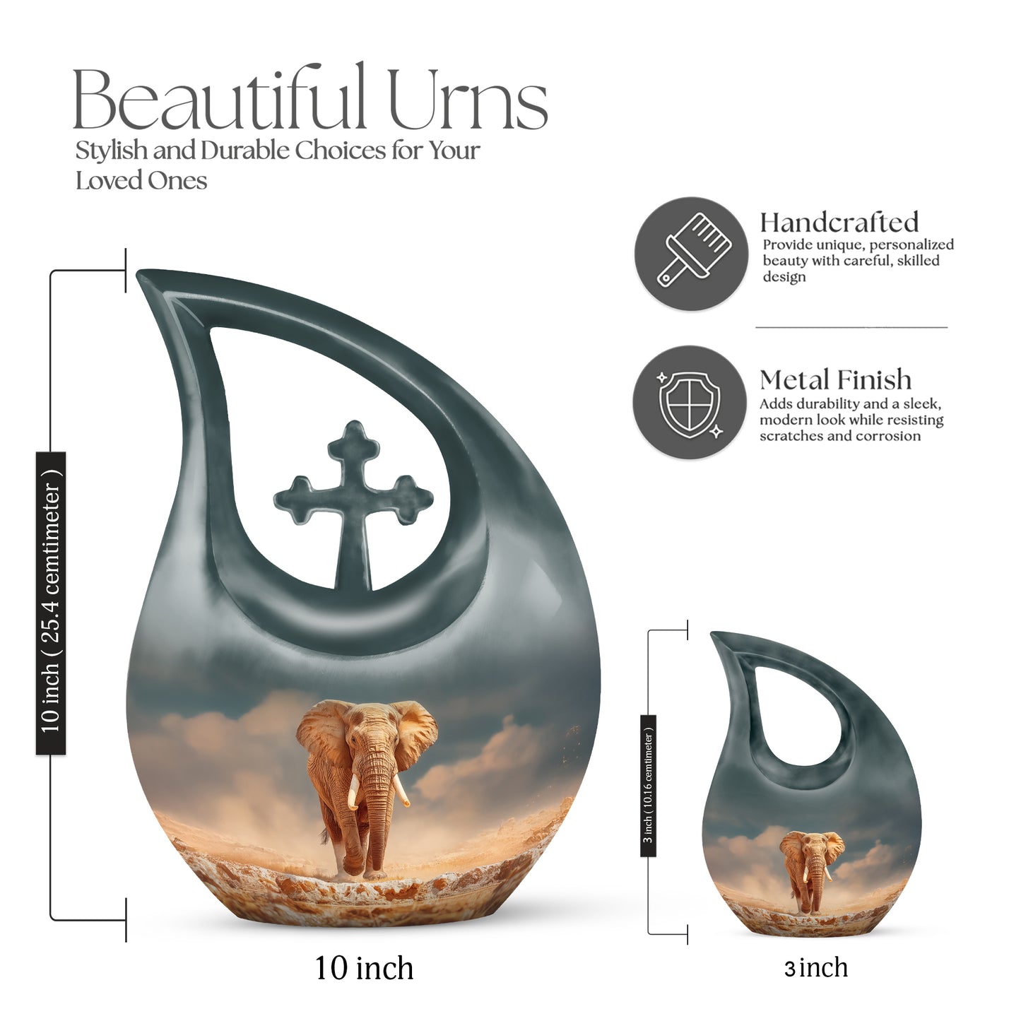 Cool Teal Elephant Cremation Urn back view with polished surface - sacred cross merged with elephant motif on metal - mini keepsake memorial for portion of cremation ashes