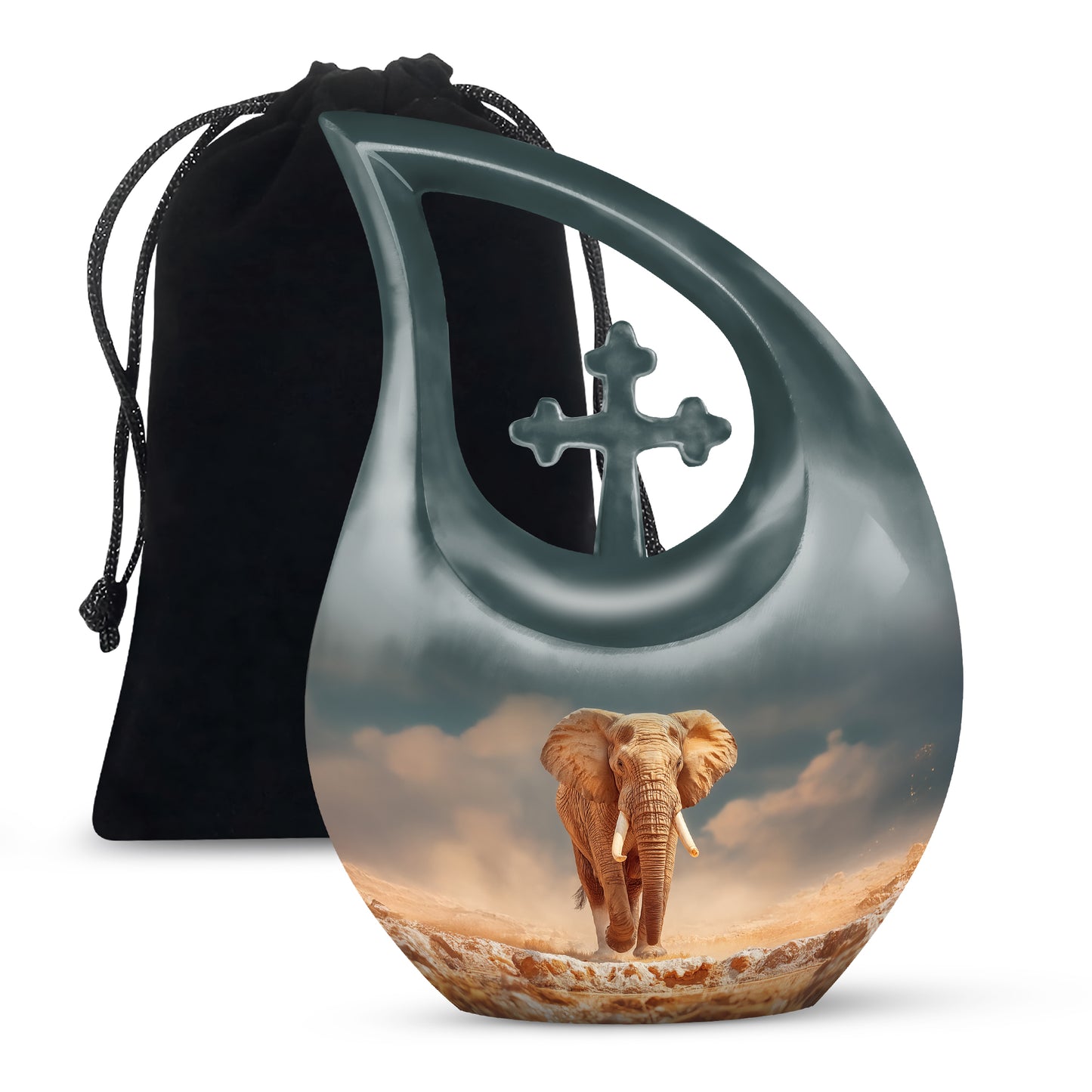Vivid Teal Elephant Cremation Urn top-down view of secure threaded lid - devotional cross-drop elephant engraving - full-size 10 inch 200 cubic inch adult cremation urn